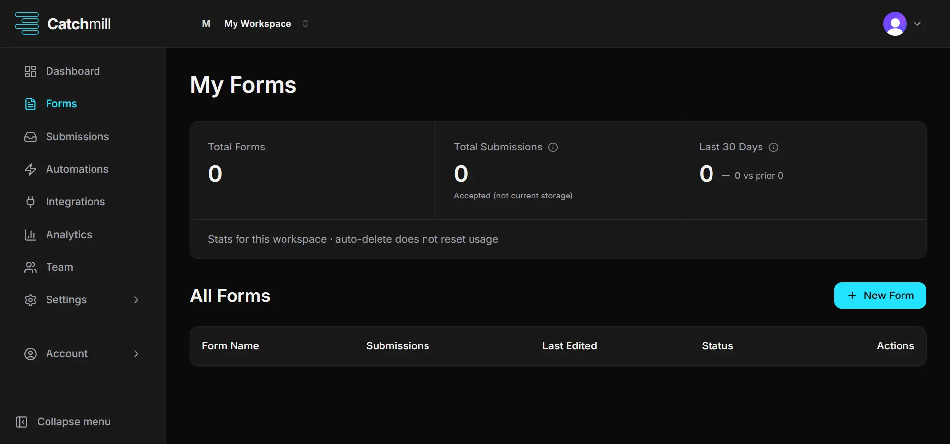 Create form button in the Catchmill dashboard